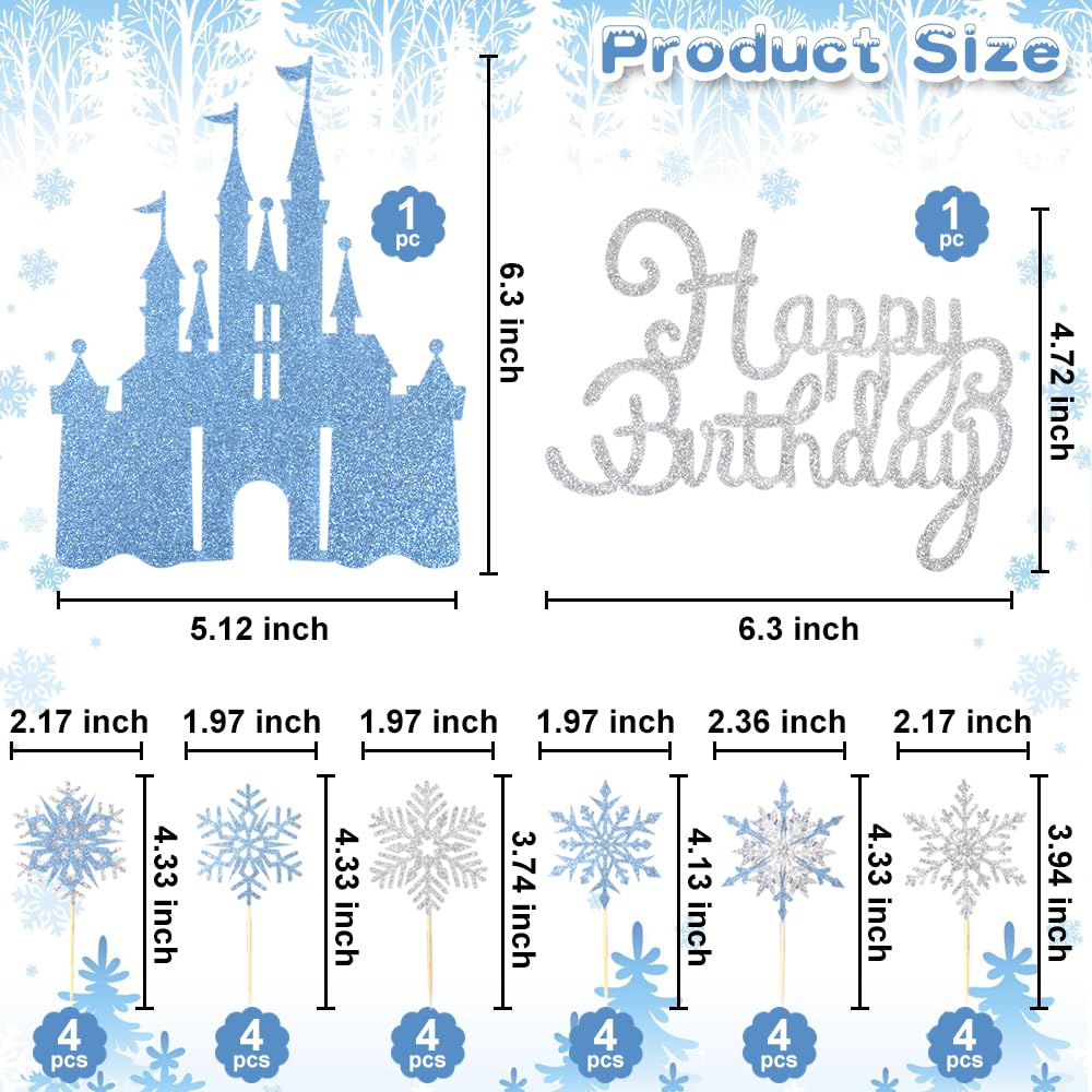 Wootkey 26Pcs Frozen Castle Cake Toppers Double Layer Silver Blue Snowflake Cupcake Toppers Winter Wonderland Cake Decorations F