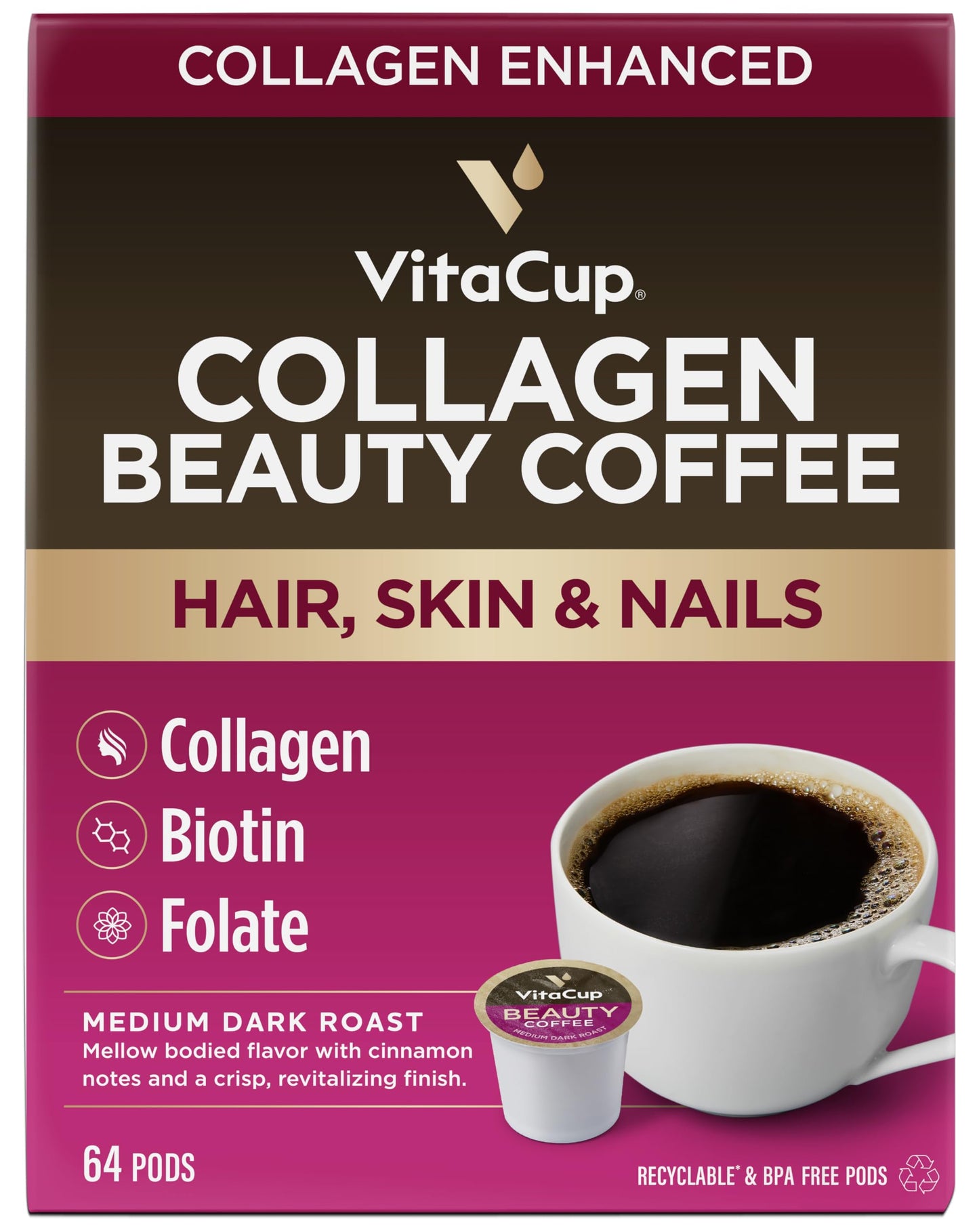 VitaCup Beauty Collagen Coffee Pods for Hair, Skin & Nails, with Biotin & Folate, Medium Dark Roast, Keto Friendly, Recyclable Single Serve Pod Compatible with Keurig K-Cup malt-inspired,64 Ct