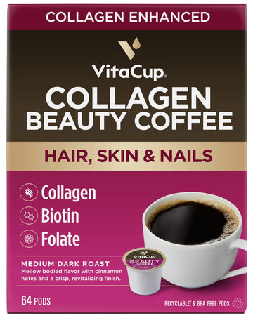 VitaCup Beauty Collagen Coffee Pods for Hair, Skin & Nails, with Biotin & Folate, Medium Dark Roast, Keto Friendly, Recyclable Single Serve Pod Compatible with Keurig K-Cup malt-inspired,64 Ct