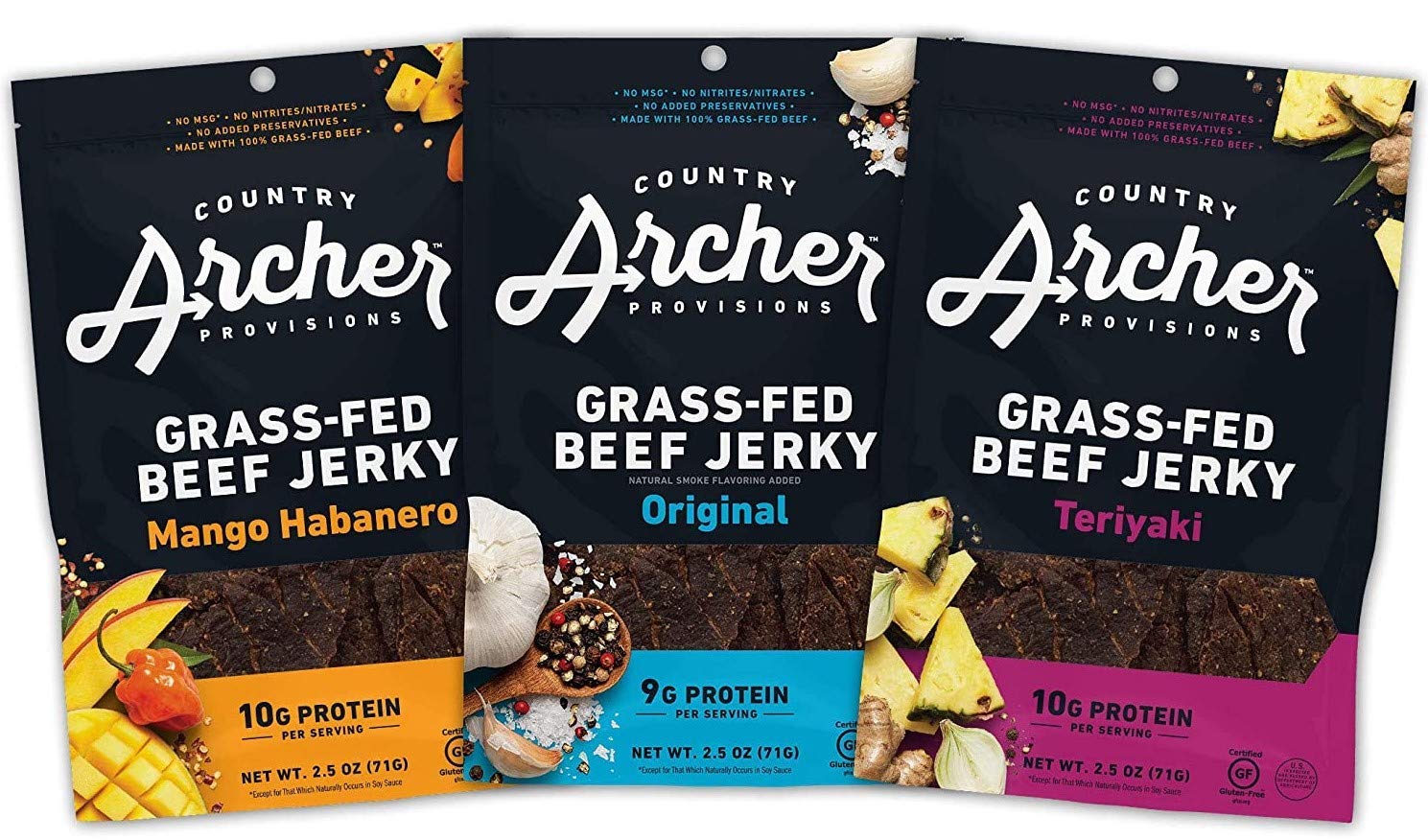 Country Archer Beef Jerky Variety Pack, Original, Teriyaki, Mango Habanero, 2.5 Ounce, 3 Pack