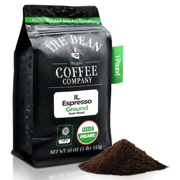 The Bean Organic Coffee Company Il Espresso, Classic Dark Roast, Ground Coffee, 16-Ounce Bag, Café Molido Tostado Orgánico