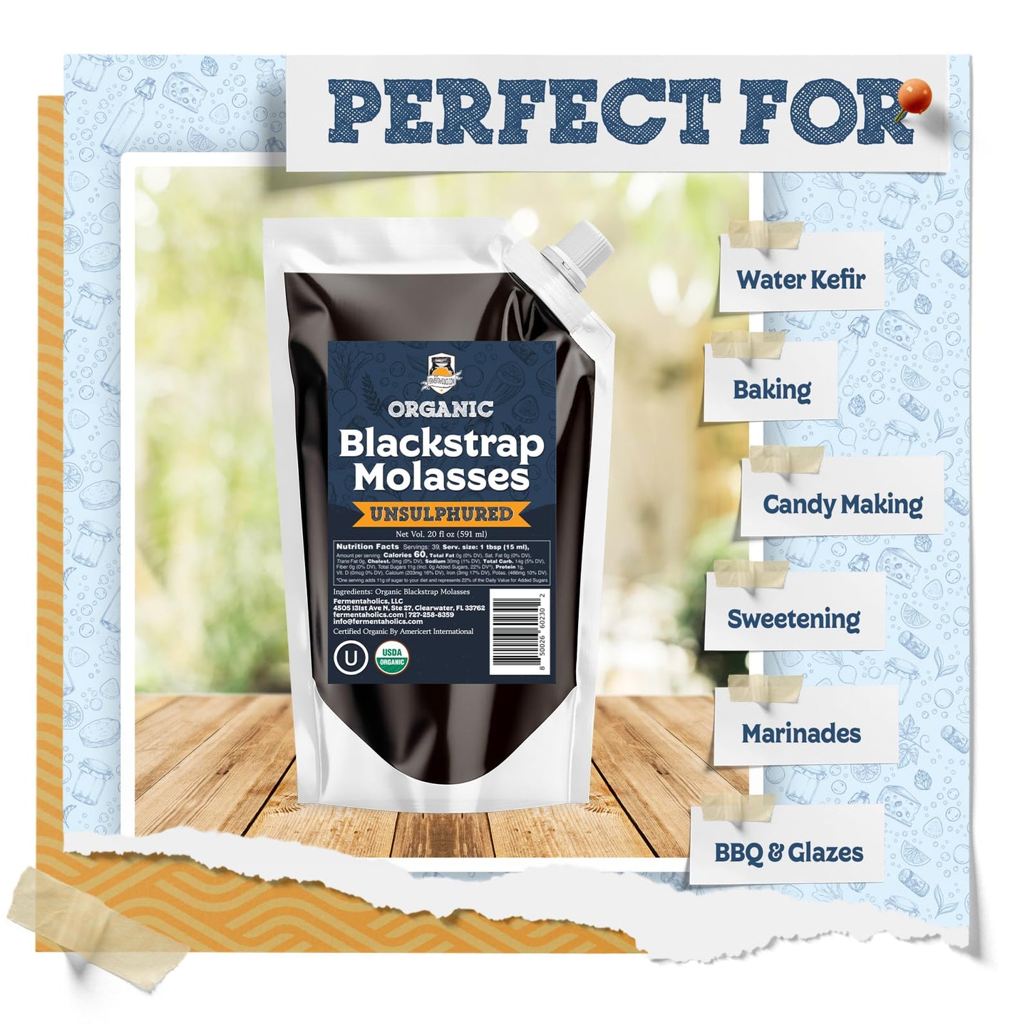 Fermentaholics Organic Blackstrap Molasses, Unsulphured, OU Kosher, 20 Oz Pouch, 2-Pack