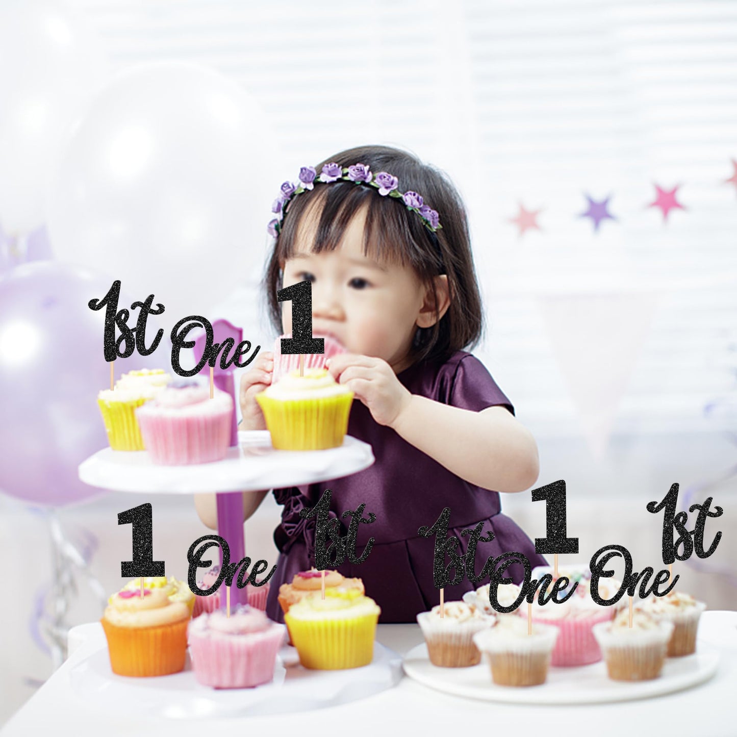 24 Pcs One Cupcake Toppers Glitter 1St Birthday Cupcake Picks Number 1 Cupcake Decorations For Baby Shower Kids First Birthday A