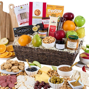 Sympathy Gift Fruit Basket Of Fresh Fruits, Cheese, Meat, Chocolate, Crackers, Olives And Cookies By Gourmetgiftbaskets.Com