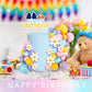 Threehoney 63 Pcs Blue Dog Cake Toppers With Balls Cake Picks And Flowers For Birthday Decoration Groovy Pastel Cupcake Inserts