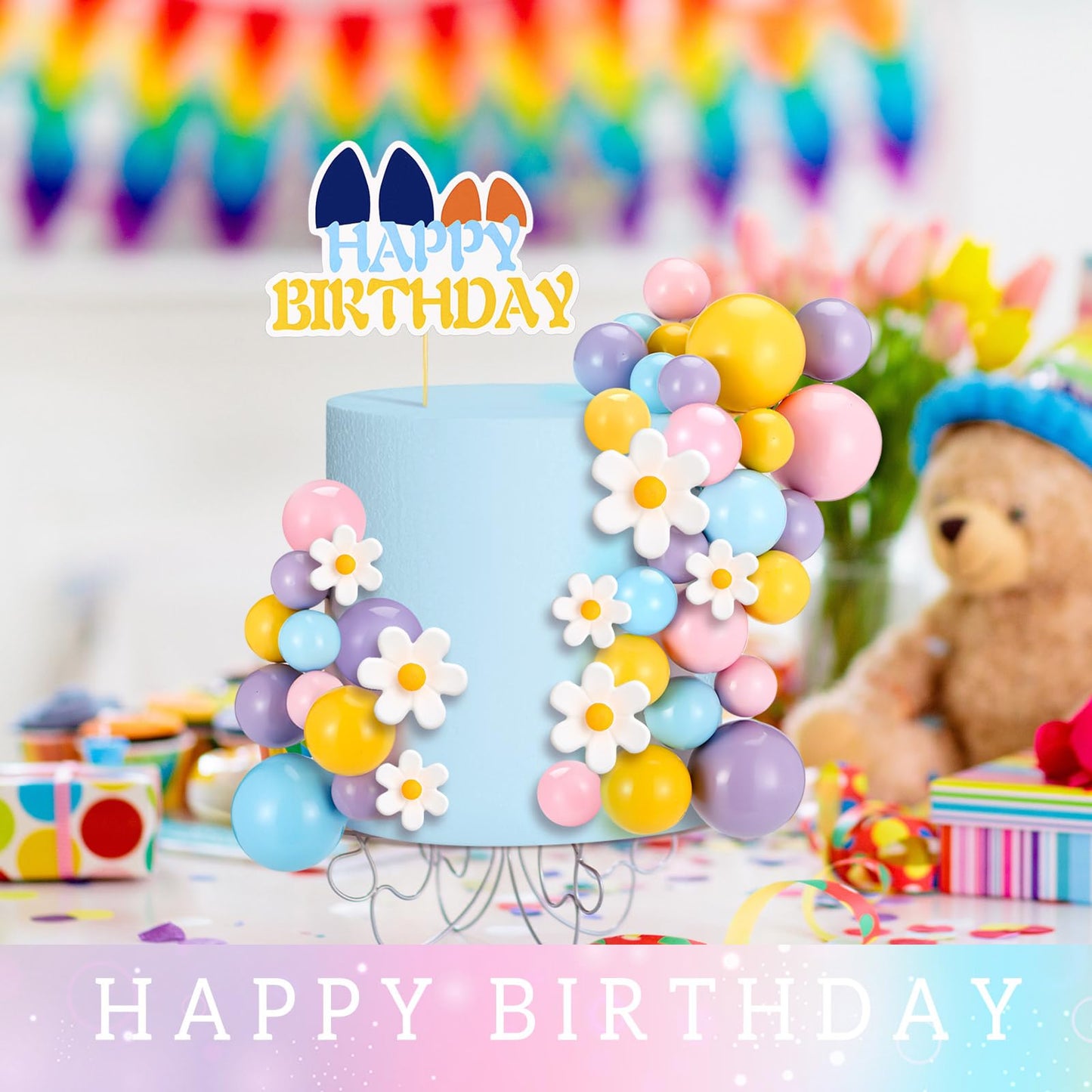 Threehoney 63 Pcs Blue Dog Cake Toppers With Balls Cake Picks And Flowers For Birthday Decoration Groovy Pastel Cupcake Inserts