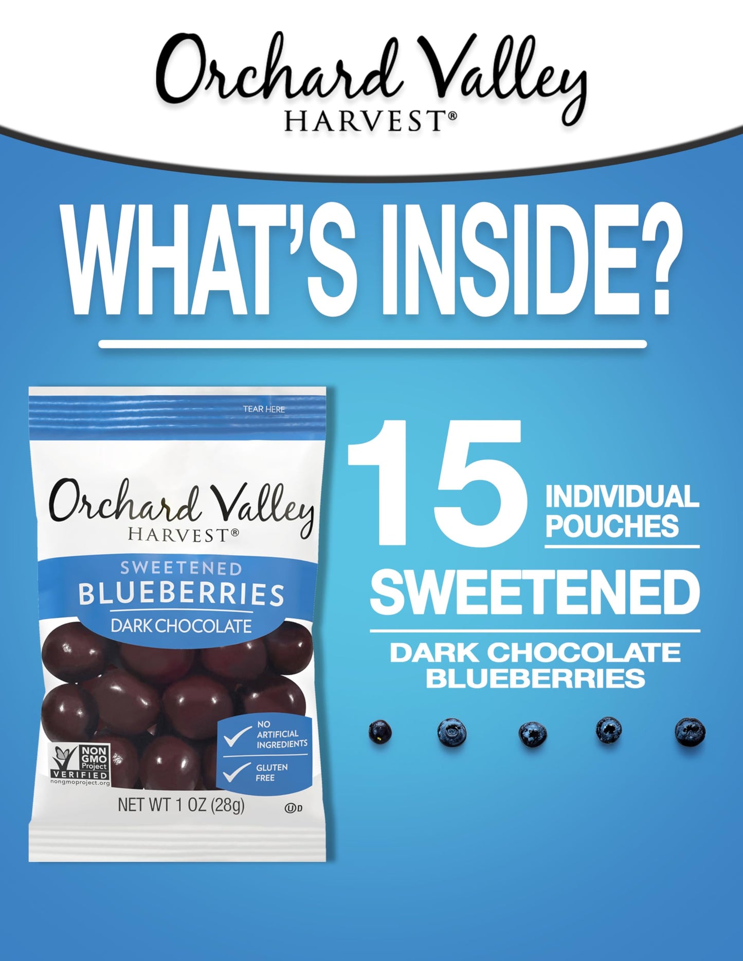 Orchard Valley Harvest Dark Chocolate Covered Blueberries, 1 Ounce(Pack Of 15), Gluten Free, Non-Gmo, No Artificial Ingredients