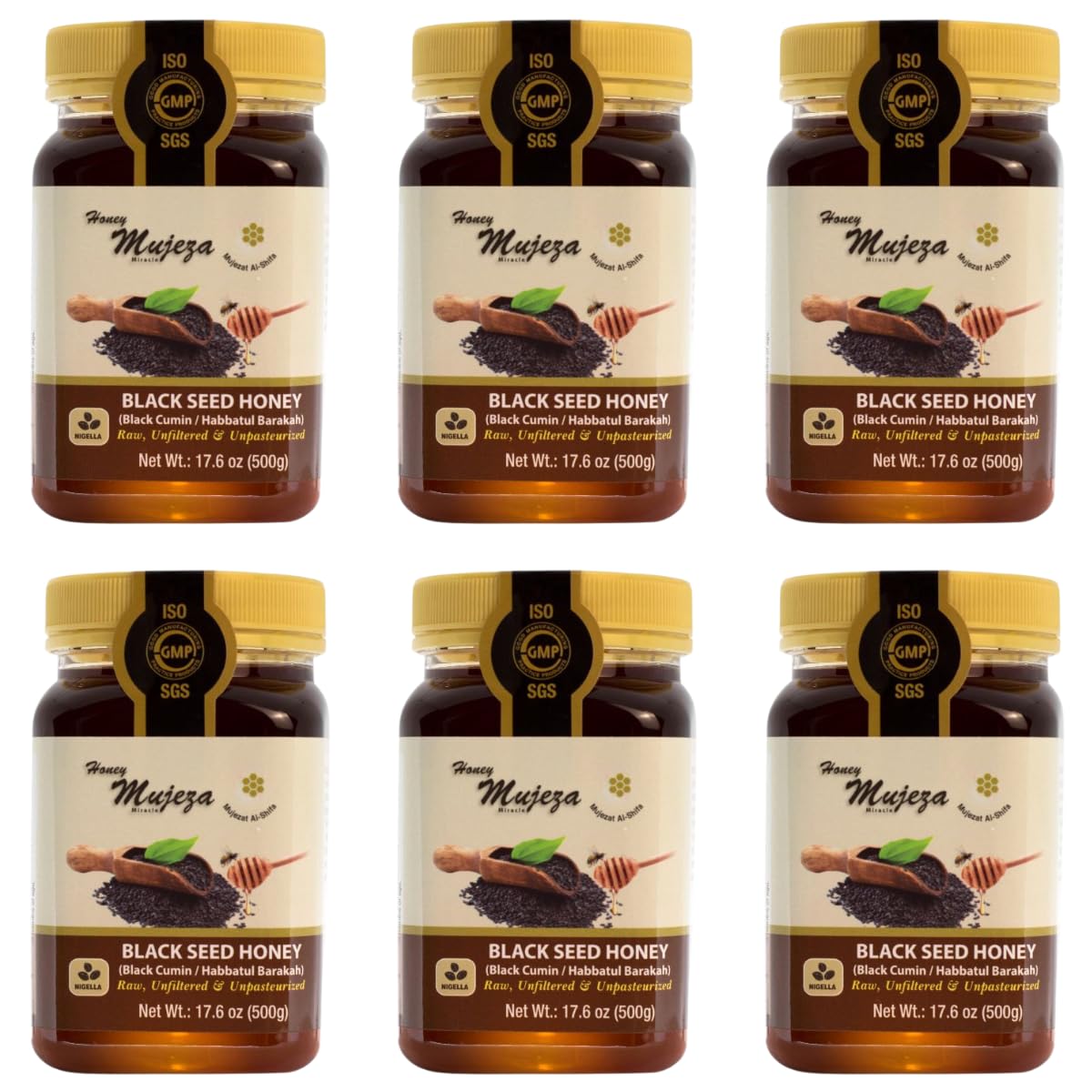 Pack of 6 Mujeza Black Seed Honey - Not Mixed with Oil or Powder - Gluten Free - Non GMO - Organic Honey - Immune Booster - 100%