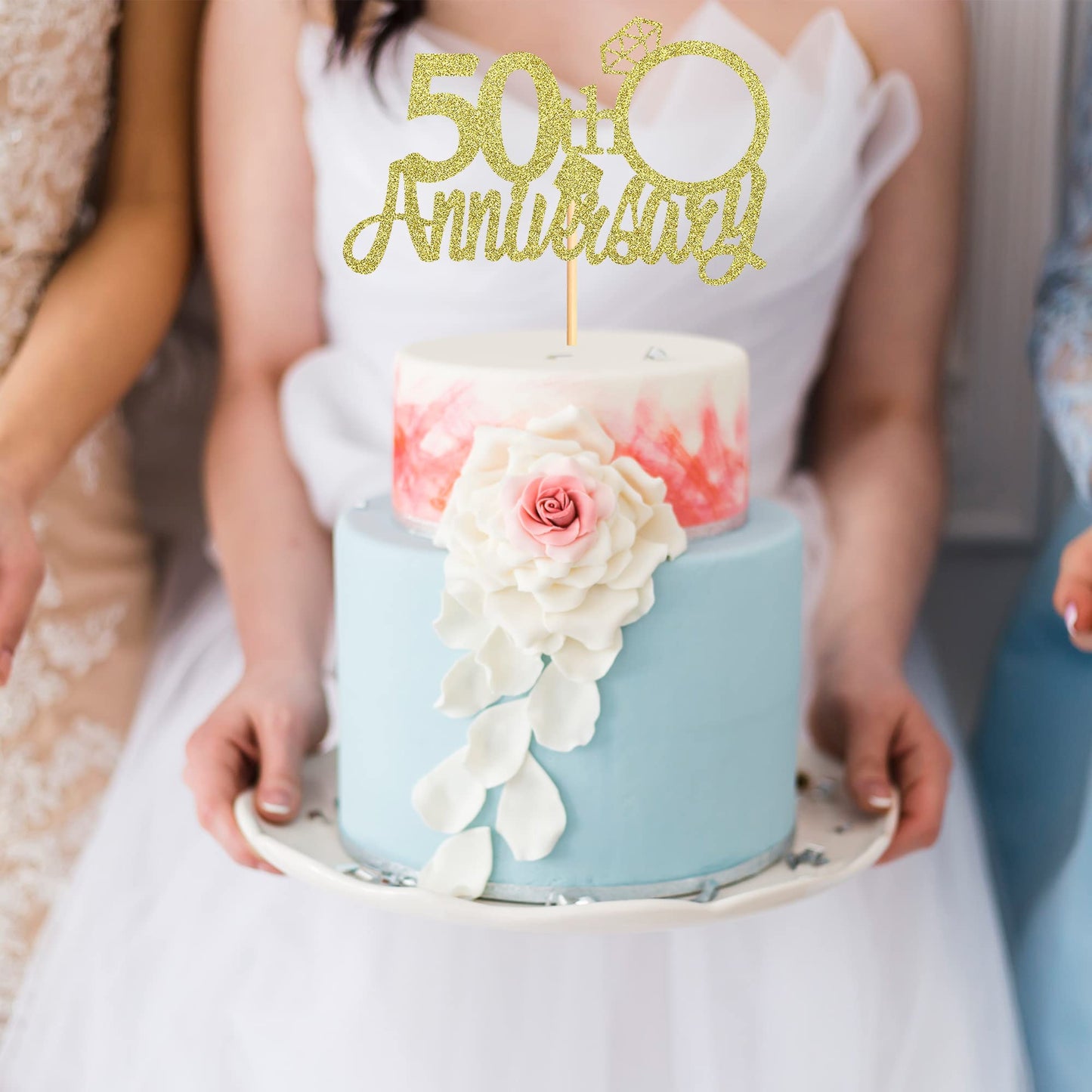 Sumerk 13 PCS Gold Glitter Cake Topper for 50th Anniversary Decorations, Medium Size, Wood Material
