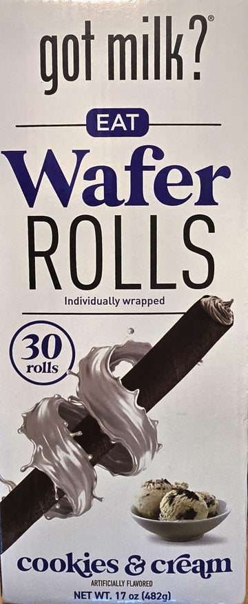 Got Milk? Wafer Rolls, Cookies & Cream, 17 oz Box, 30 Individually Wrapped Rolls, Model GMCCWS480-12