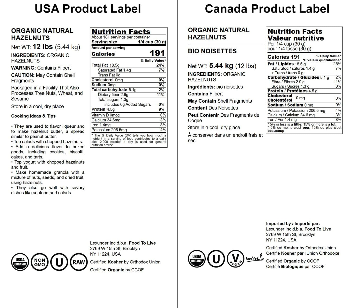 Food To Live - Organic Hazelnuts, 12 Pounds Non-Gmo, Raw Filberts, Whole Nuts, Shelled, Unsalted, Kosher, Vegan, Bulk. Crunchy,