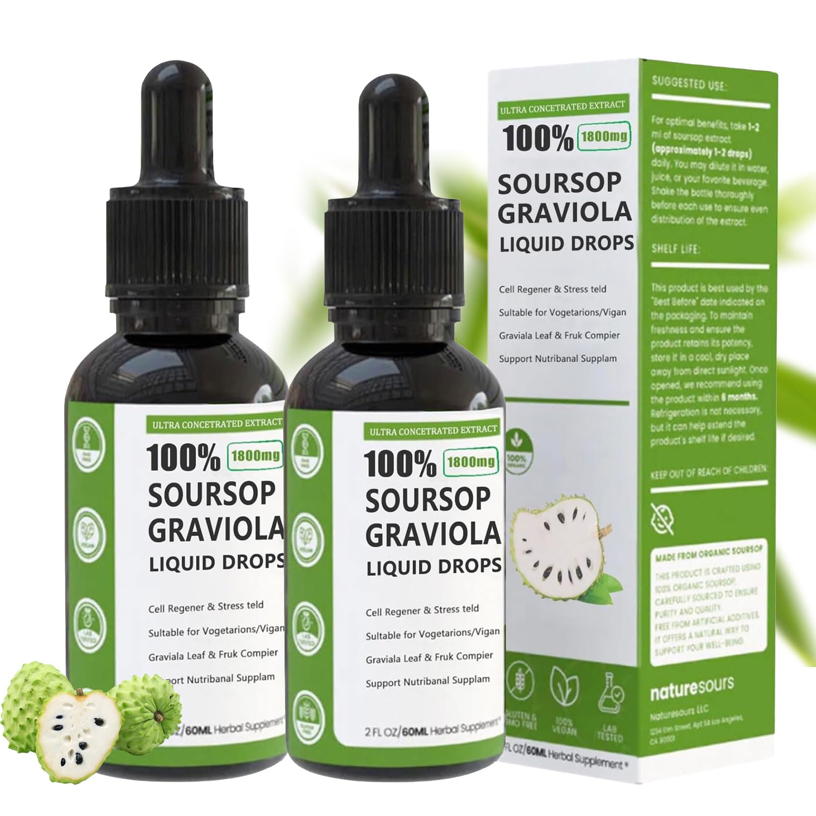 Soursop Graviola Liquid Drop, 100% Organic Pure Soursop Leaves and Fruit Extract, Soursop Bitters Liquid, Tindedly Soursop Extra