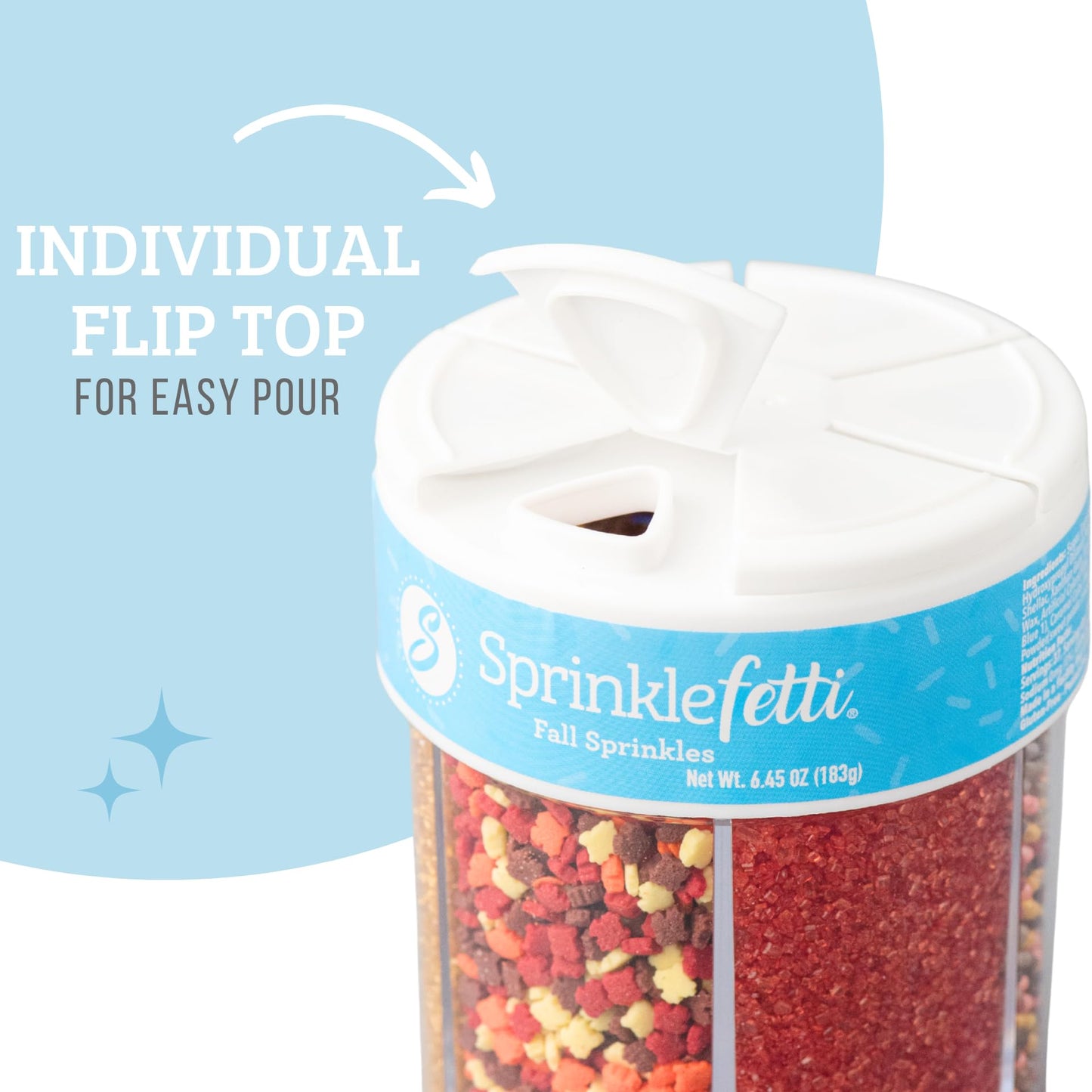 Sweets Indeed Sprinklefetti Fall 6-Cell Sprinkle Jar - 6 Assorted Fall Sprinkles (Pumpkins  Leaves  Sugar Crystals  Nonpareils  Jimmies) | Cupcake & Cake Decorations | 6.45 oz