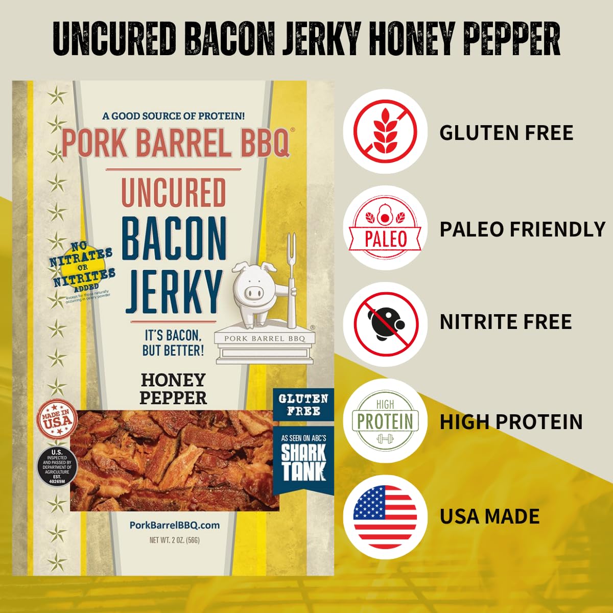 Pork Barrel BBQ Honey Pepper Bacon Jerky, Uncured, Gluten Free Protein Snack, 2 oz (Pack of 3)