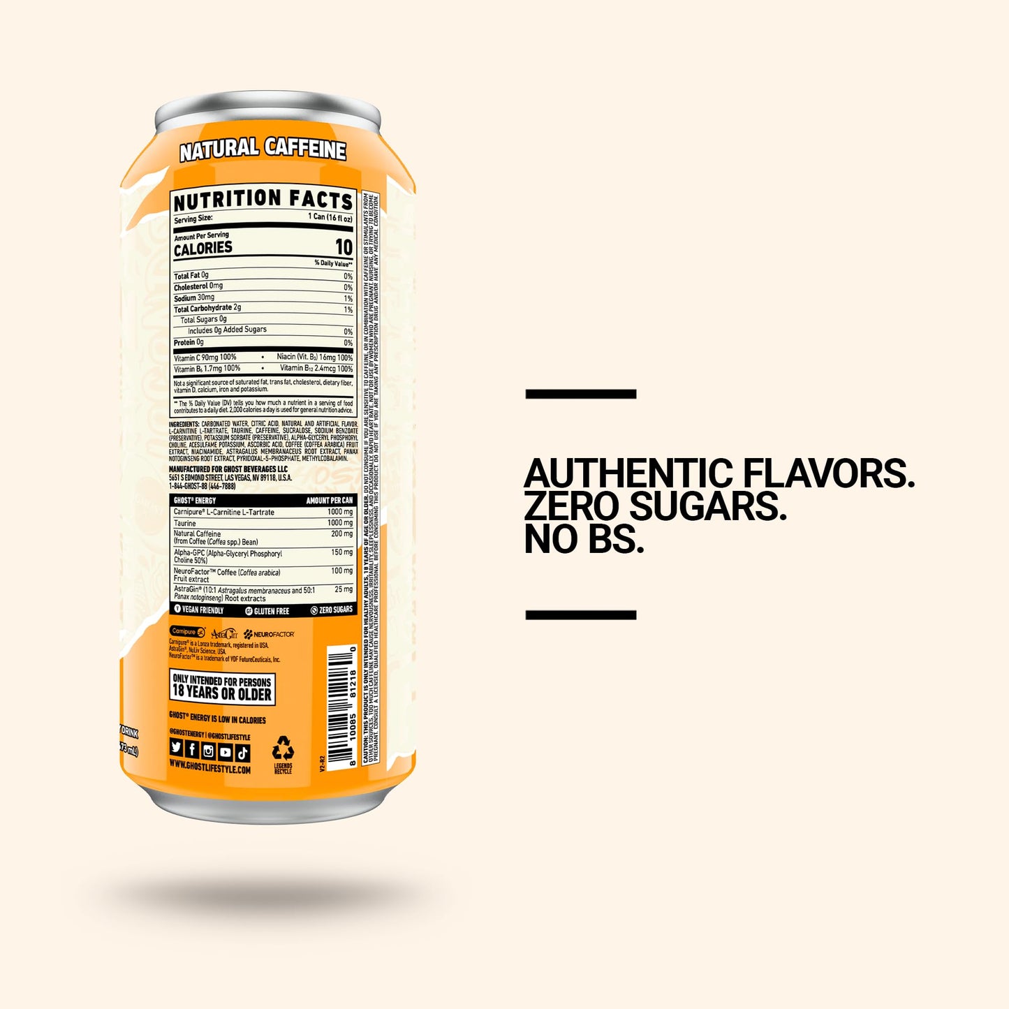 GHOST Energy Drink - Orange Cream - 12-Pack, 16oz Cans - Gluten-Free, Vegan, 200mg Natural Caffeine