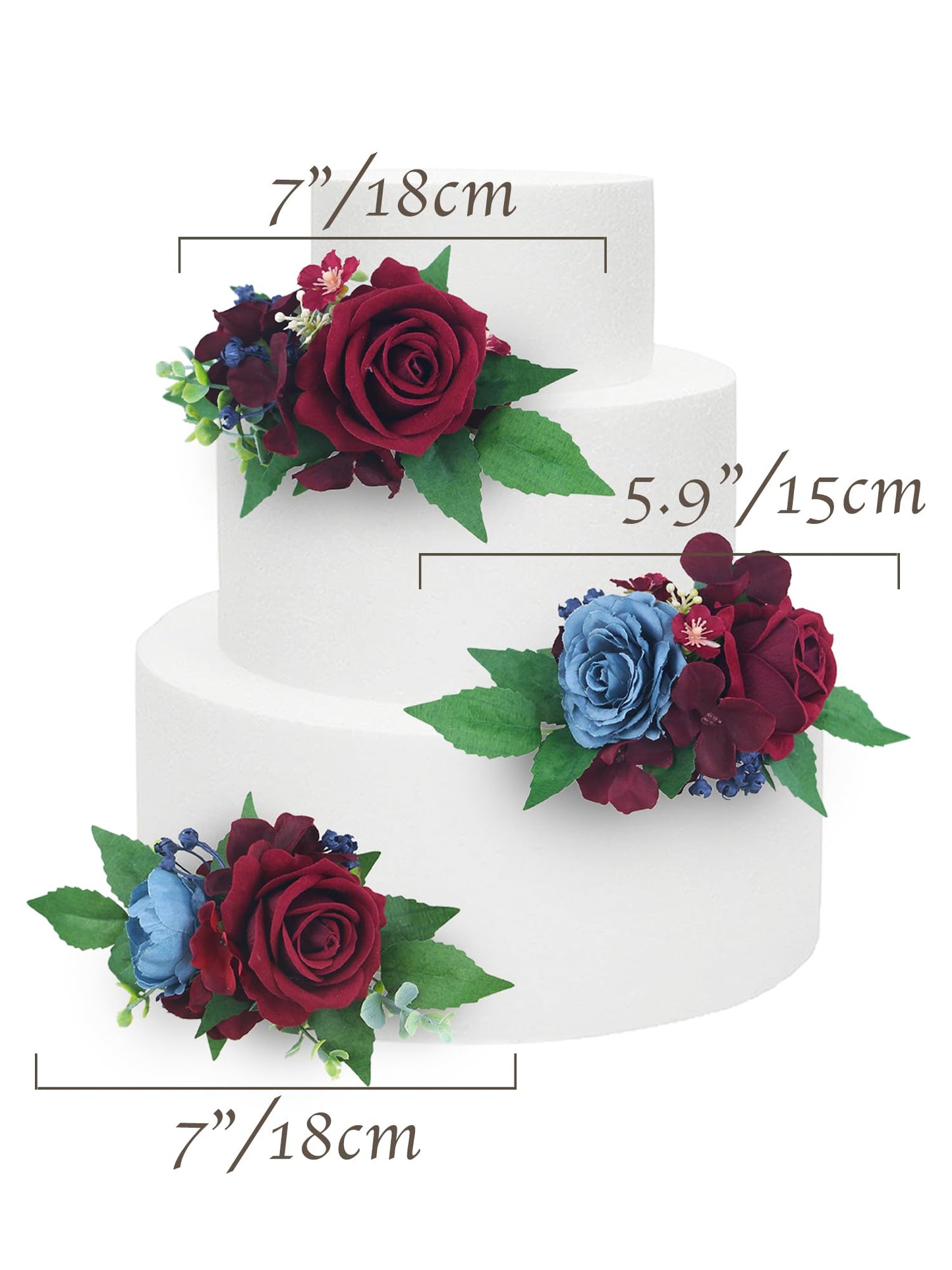 Rinlong 3Pcs Pre-Made Cake Toppers - Flowers For Christmas, Wedding, Baptism - Burgundy, Navy Xmas Cake Decorations