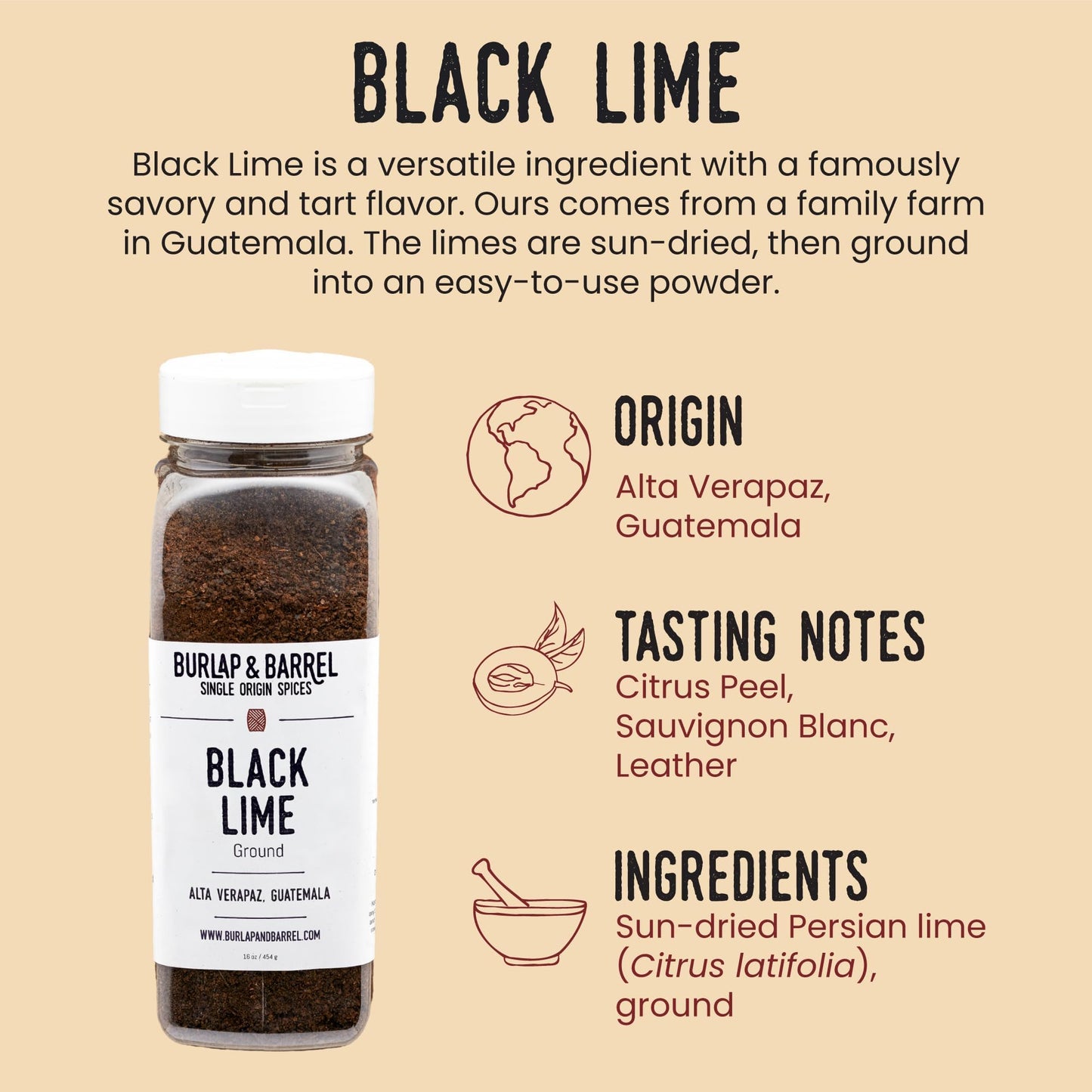 Burlap & Barrel Ground Black Lime Seasoning - Tart & Savory for Meats & Veggies - 16oz Plastic Container