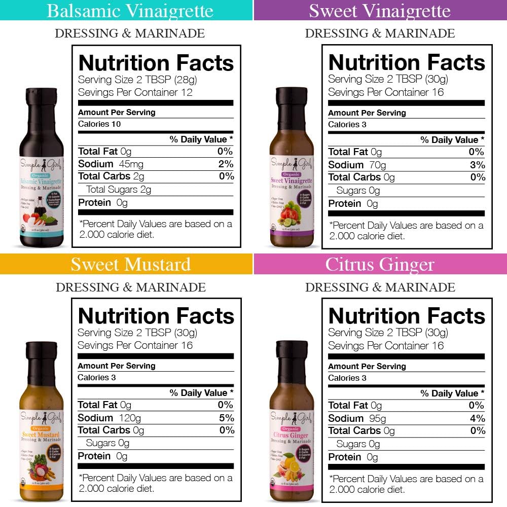 Simple Girl Organic Salad Dressing Variety - Sweet Vinaigrette, Balsamic Vinaigrette, Sweet Mustard And Citrus Ginger - Sugar Free Dressings, Low/No Carb, Fat Free, Diabetic, Gluten Free, Vegan, Paleo, And Keto Friendly - 4 Pack (12 Fl Ounce Each)