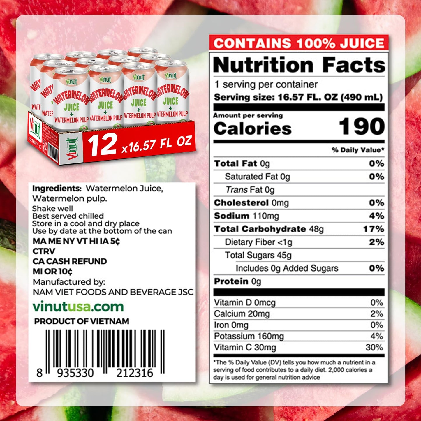 Vinut Natural Watermelon Juice Drink With Pulp, (16.57 Fl Oz, Pack Of 12) - Real Watermelon Juice, No Sugar Added, Gluten Free,