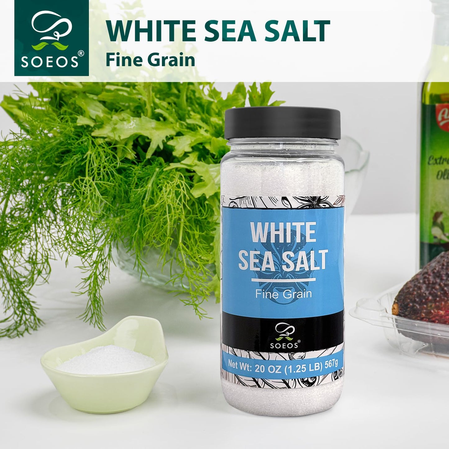 Soeos Sea Salt  Fine Grain  20 Oz (1.25 Pound)  Non-GMO  Nature Himalayan White Salt  Rock Salt for Grinder Refill (Pack of 1)