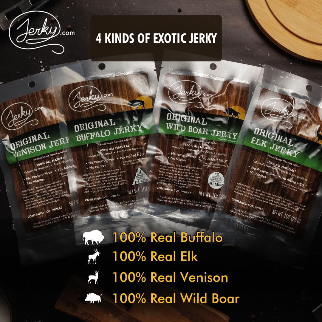 Jerky.Com'S Classic Exotic Jerky Variety Pack - Jerky Variety Pack With 4 Types Of Jerky - Buffalo, Wild Boar, Venison Jerky, An