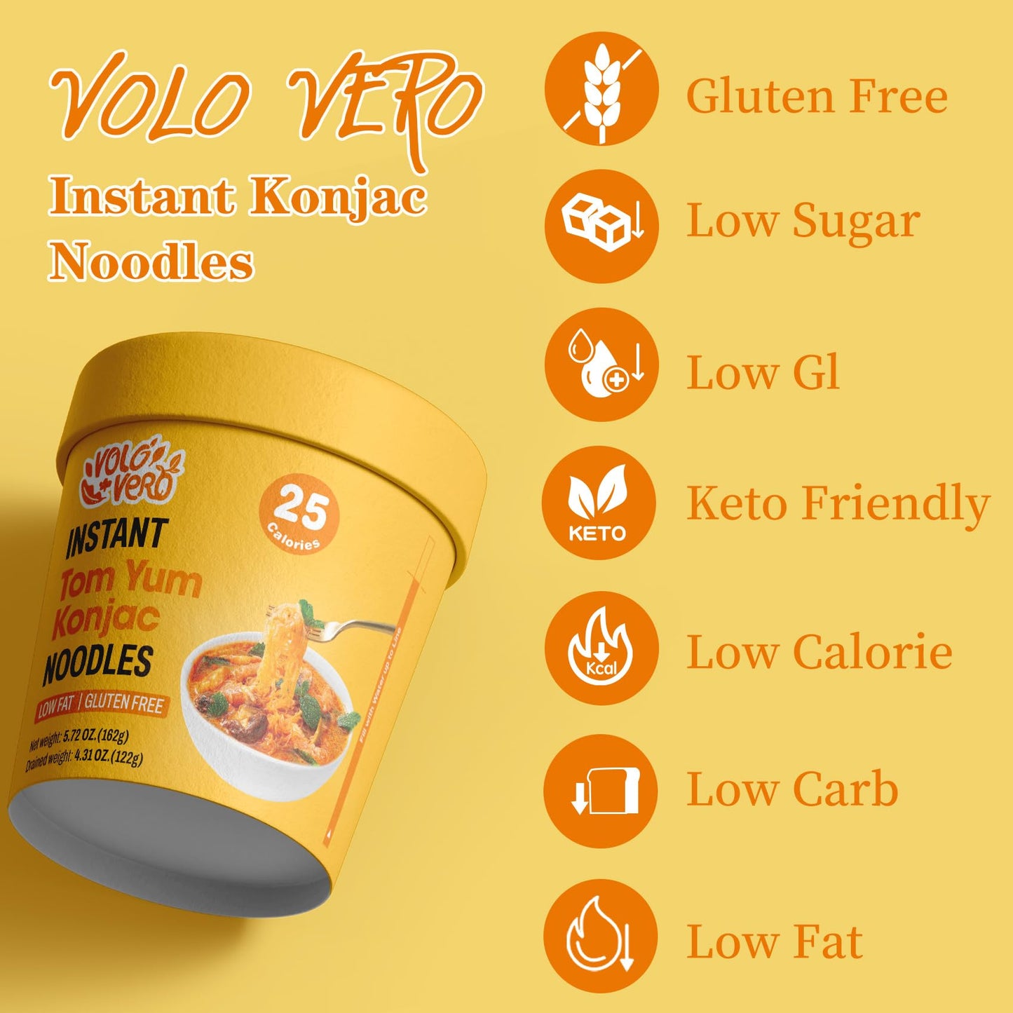 Volo Vero Konjac Noodle Instant Soup Cup Tom Yum Flavor, 6 Packs Keto Shirataki Noodles Angel Hair Pasta, Low Carb, Low Fat, Low