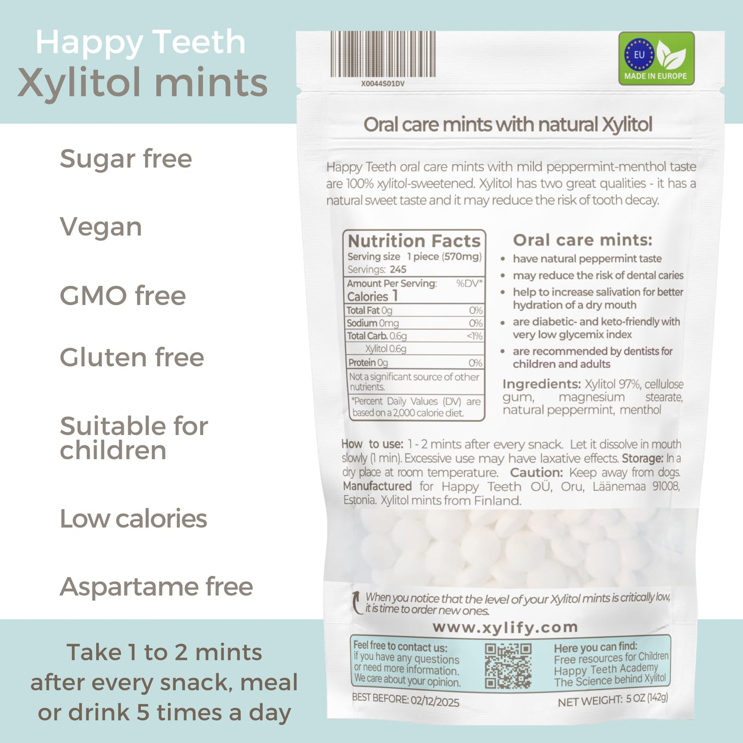 Xylitol Mints For Oral Care - Peppermint Flavor, 100% Xylitol Sweetened, Sugar Free Candy, Happy Teeth Dental Mints From Finland
