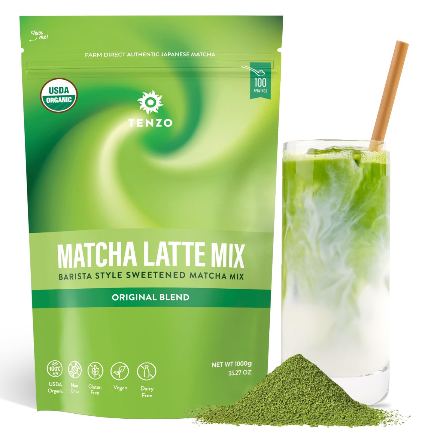 Tenzo Matcha Green Tea Powder, Organic Sweetened Latte Mix, 2.2 Pound, Ceremonial Barista Crafted, Authentically Japanese