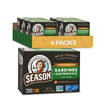 Season Brisling Sardines in Extra Virgin Olive Oil - Wild Caught, 14g of Protein, Keto Snacks, More Omega 3s Than Tuna, Kosher, High in Calcium, Canned Sardines, Two Layers - 3.37 Oz Tins, 6-Pack