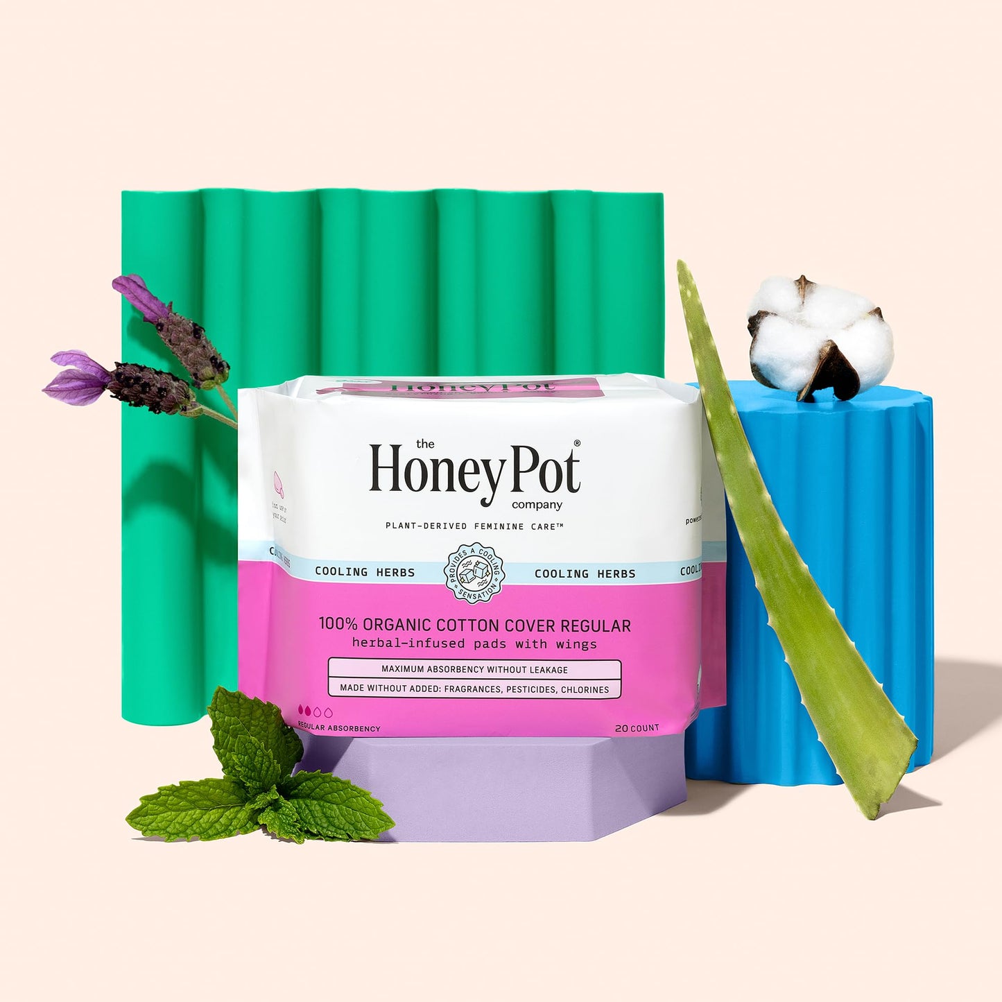 The Honey Pot Company - Herbal Sanitary Pads For Women - Regular Flow W/Wings - Infused W/Essential Oils For Cooling Effect & Organic Cotton Cover - Feminine Care - 20 Ct