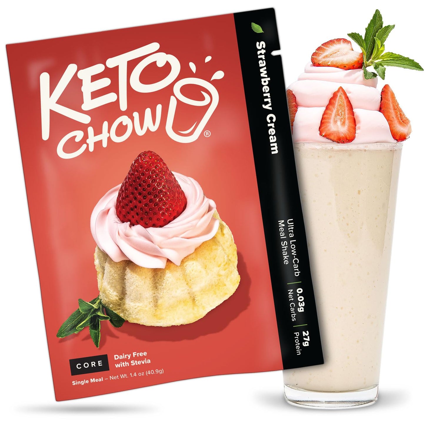 Keto Chow Strawberry Cream Keto Meal Replacement Shake Powder - 1.4 Ounce - Low Carb, Dairy Free, Protein Rich