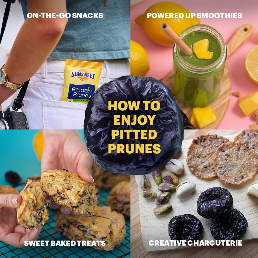 Sunsweet Amazin Prunes, Dried Pitted | Gluten Free, Vegan, Low Fat, Unsweetened, Unsulfured, No Added Sugar, Whole Food Snacks | Dietary Fiber + Other Natural Minerals | 8 Oz Pouches - 6 Pack
