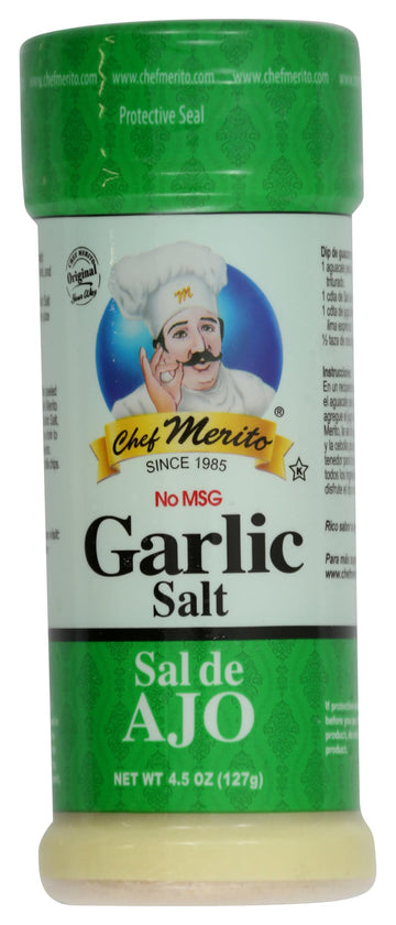 Chef Merito Garlic Salt 4.5 oz | Premium Garlic & Sea Salt Blend | No MSG | Perfect for Seasoning & Cooking | Authentic Latin Fl