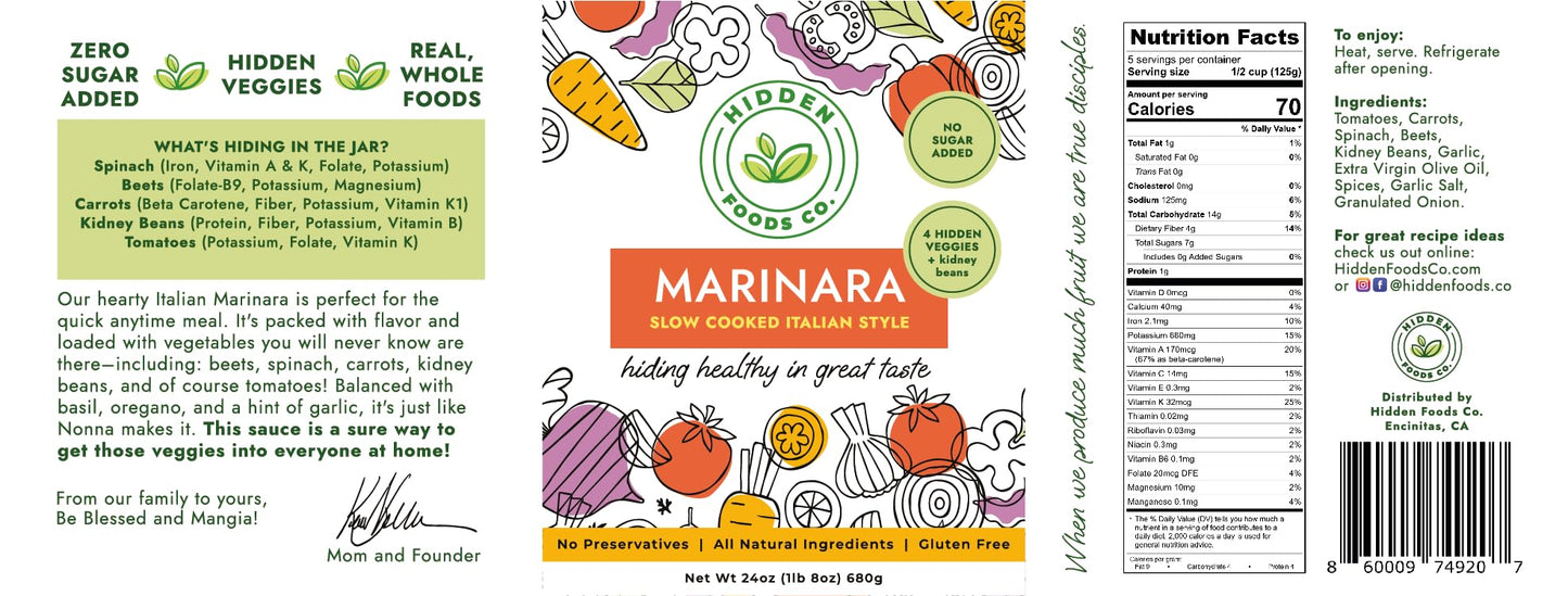 Hidden Foods Slow Cooked Marinara Sauce With Natural Vegetables, 24 Oz. Jar, Low Carb And Low Sodium, No Sugar Added, Thick And