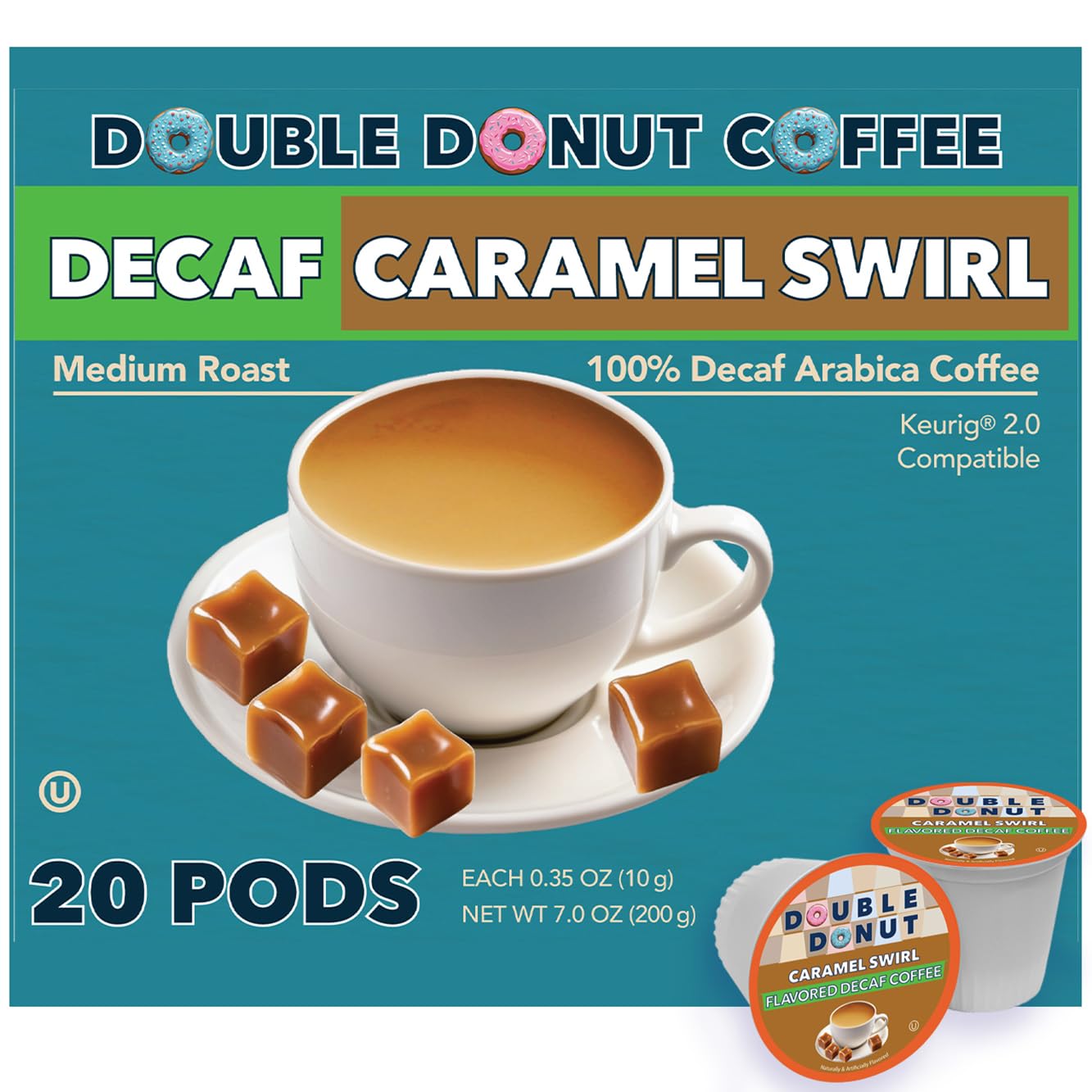 Double Donut Coffee Decaf Flavored Coffee Pods, Caramel Swirl, 20 Count for Keurig K Cups