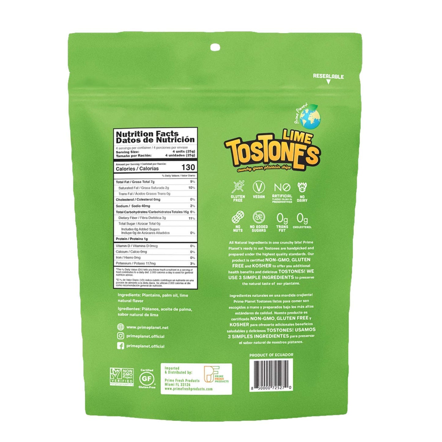 Prime  t TOSTONES Green Plantain Chips, LIME Flavored, 3.53 Oz per Unit, Re-Sealable Bag, 8 Pack