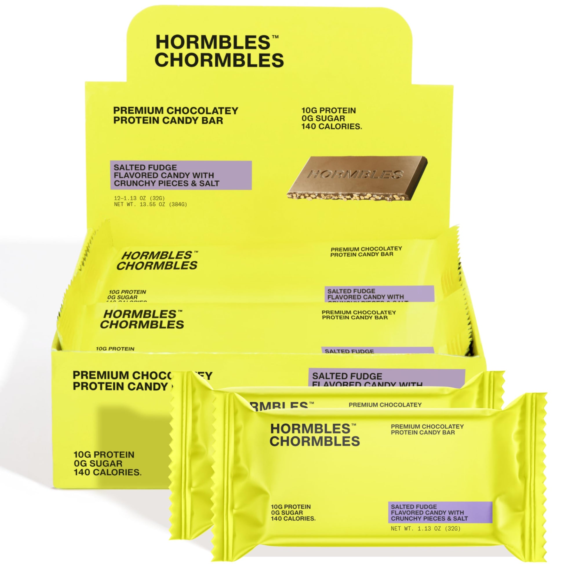 Hormbles Chormbles Protein Candy Bars  Salted Fudge  10g Protein  0g Sugar  140 Calories  Fudge Chocolate Candy With Crunchy Pieces and Salt  Sugar Free Snacks or Dessert  1.13 Oz  12 Pack