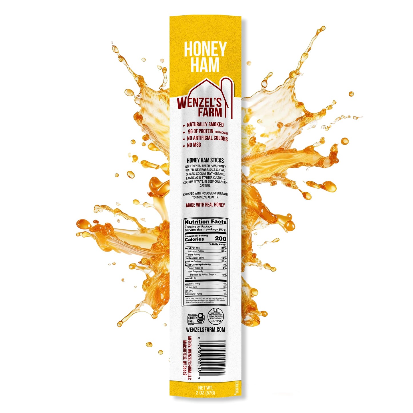 Wenzels Farm Honey Ham Sticks - Naturally Smoked, High Protein, Gluten Free - 16 Sticks (8 Packs of 2)