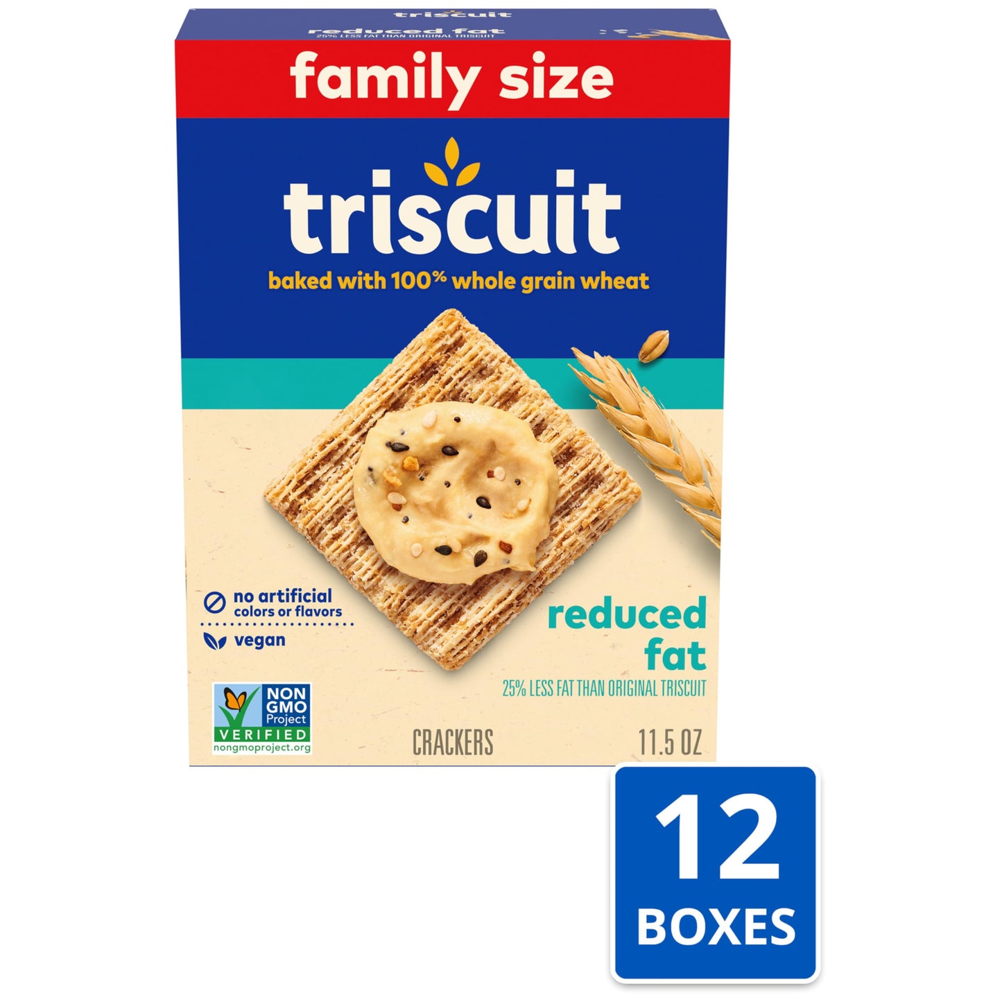 Triscuit Reduced Fat Whole Grain Wheat Crackers, Vegan Crackers, Vegan Snacks, Bulk Lunch Snacks, Family Size, 12 - 11.5 oz Boxe