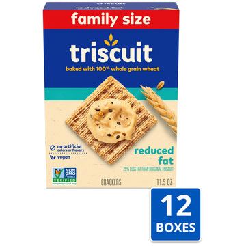 Triscuit Reduced Fat Whole Grain Wheat Crackers, Vegan Crackers, Vegan Snacks, Bulk Lunch Snacks, Family Size, 12 - 11.5 oz Boxe