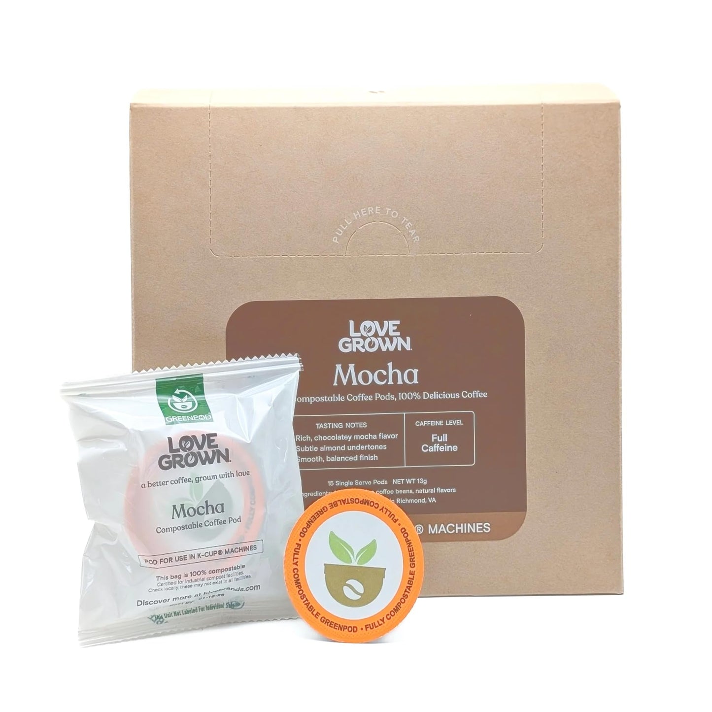 Love Grown Compostable Coffee Pods - Compatible With Single-Serve Brewing Machines - 100% Arabica Beans  Plastic-Free  Gluten-Free  Non-Gmo - Mocha  Box Of 15