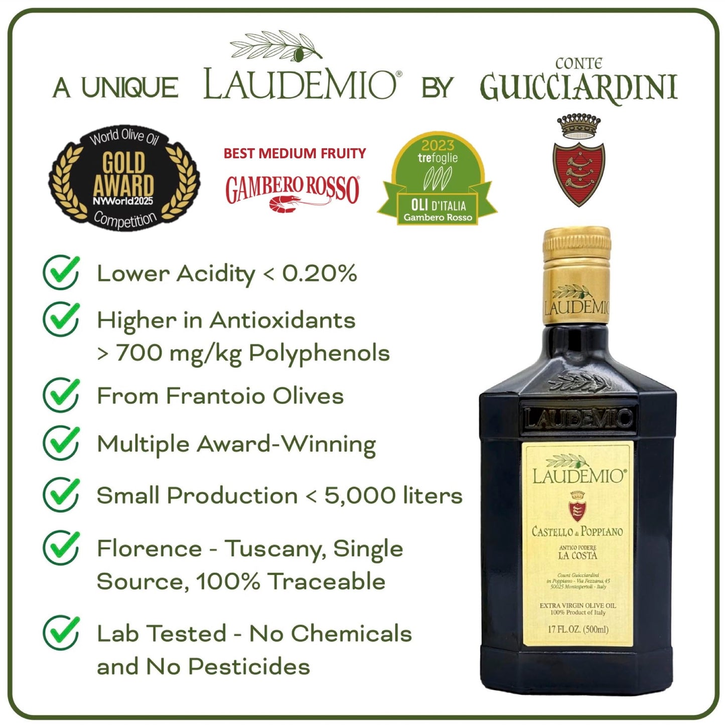 WellEatable Extra Virgin Olive Oil, Laudemio Poppiano, High Polyphenols, 16.9 Fl Oz, Early Harvest, Frantoio Monovarietal, Green