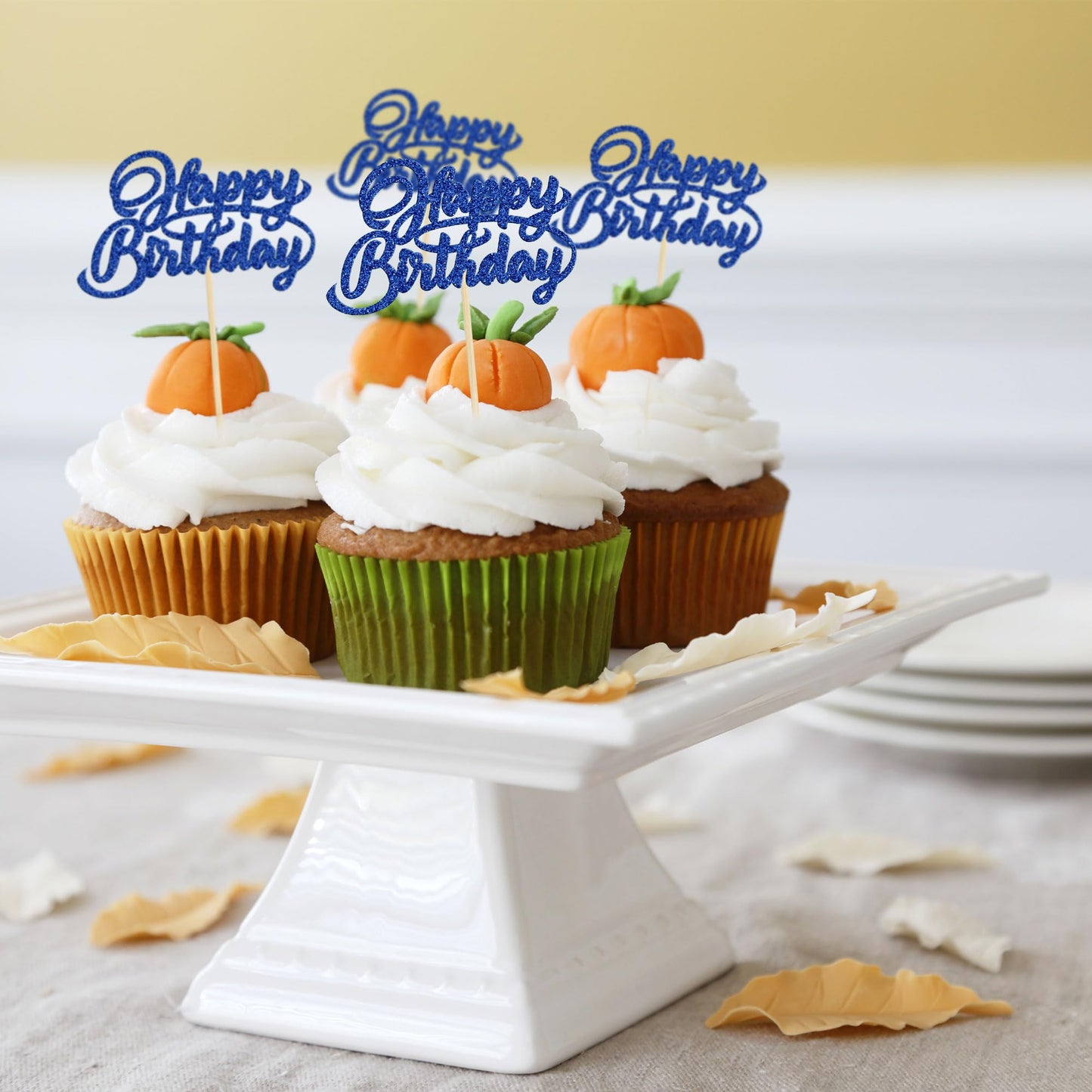 24Pcs Happy Birthday Cupcake Toppers Dark Blue Glitter Birthday Cupcake Food Picks For Celebrating Happy Birthday Party Cake Dec