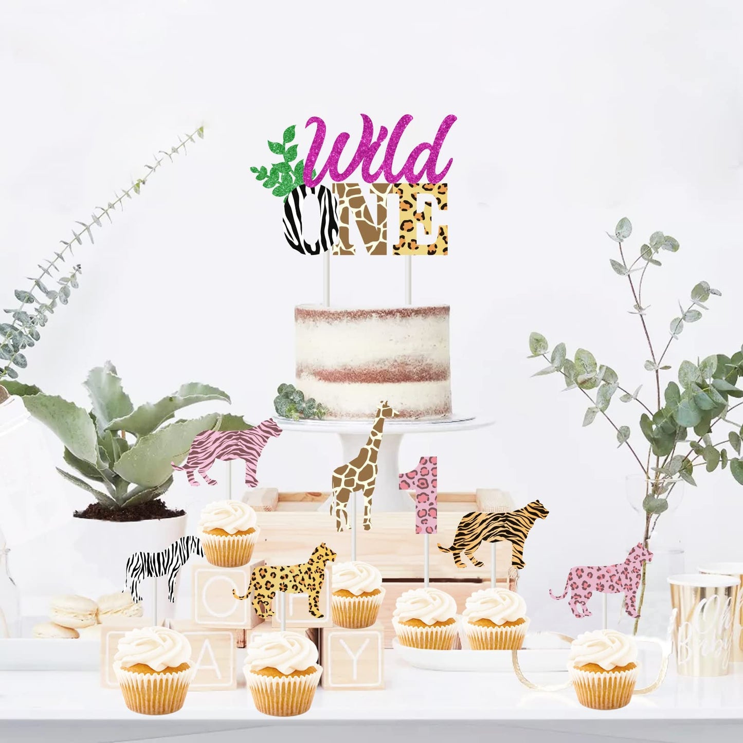 Wild One Birthday Cake Topper Girl - Wild One 1St Birthday Decorations Pink, Animal Print Cupcake Toppers, 31 Pcs Jungle Safari