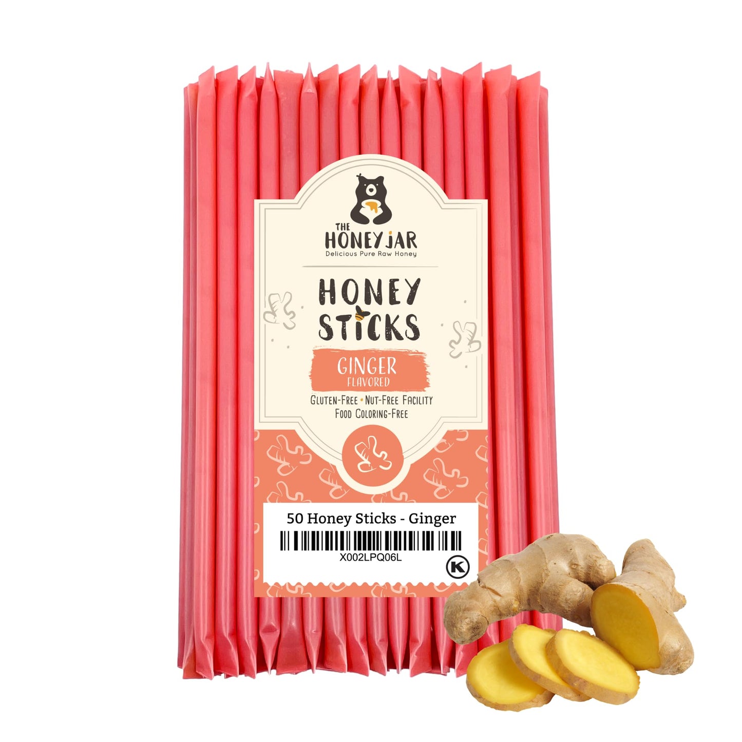 The Honey Jar Ginger Flavored Raw Honey Sticks - 50 Count Honey Straws for Tea and Coffee, Made in the USA