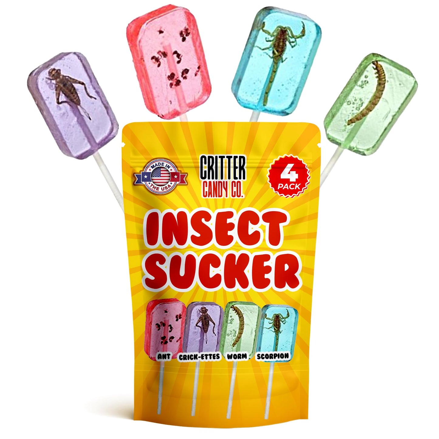 HotLix Insect Lollipops (4-Pack) | Includes Scorpion  Worm  Ants  Cricket | Bug Candy Suckers Individually Wrapped | Bug Lollipops with Real Edible Insects | Weird Candy Pack
