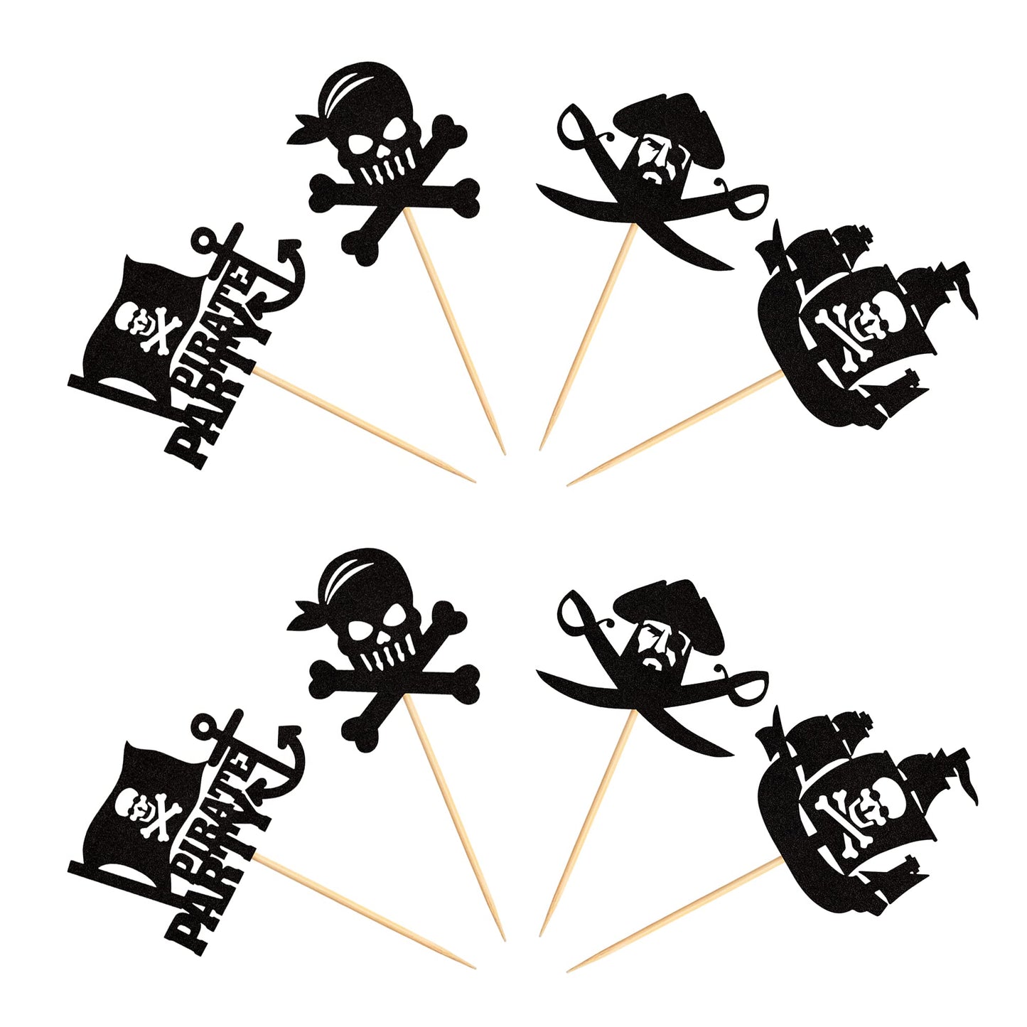 Ercadio 24 Pack Pirate Cupcake Toppers Black Glitter Nautical Sailing Cupcake Picks Pirate Theme Baby Shower Kids Birthday Party