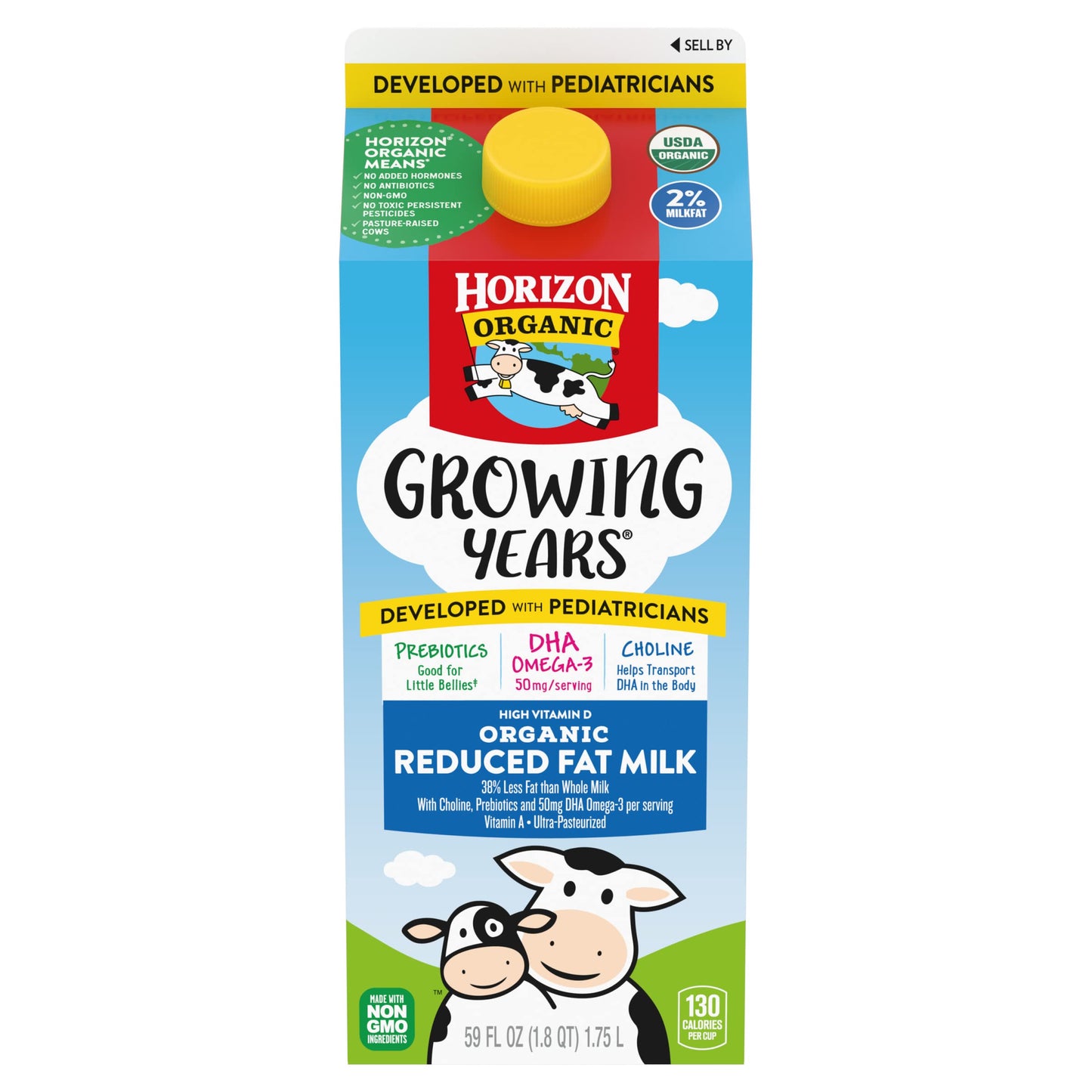 Horizon Organic Growing Years 2% Milk, High Vitamin D Reduced Fat Milk for Growing Kids with DHA Omega-3, Choline, and Prebiotic