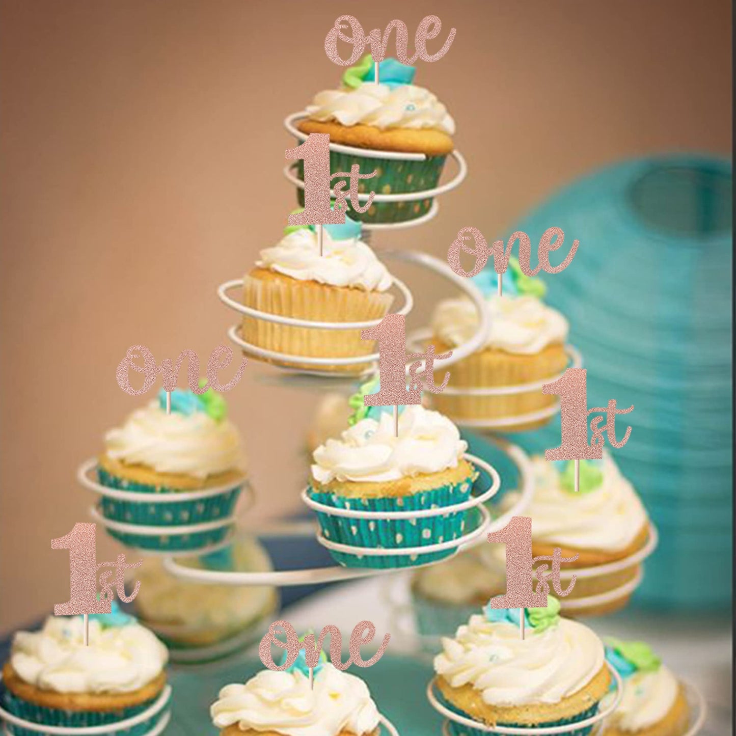 Rssta i Cupcake Toppers 24 Pack Glitter 1st Birthday Picks Paper Rose Gold Model XM060