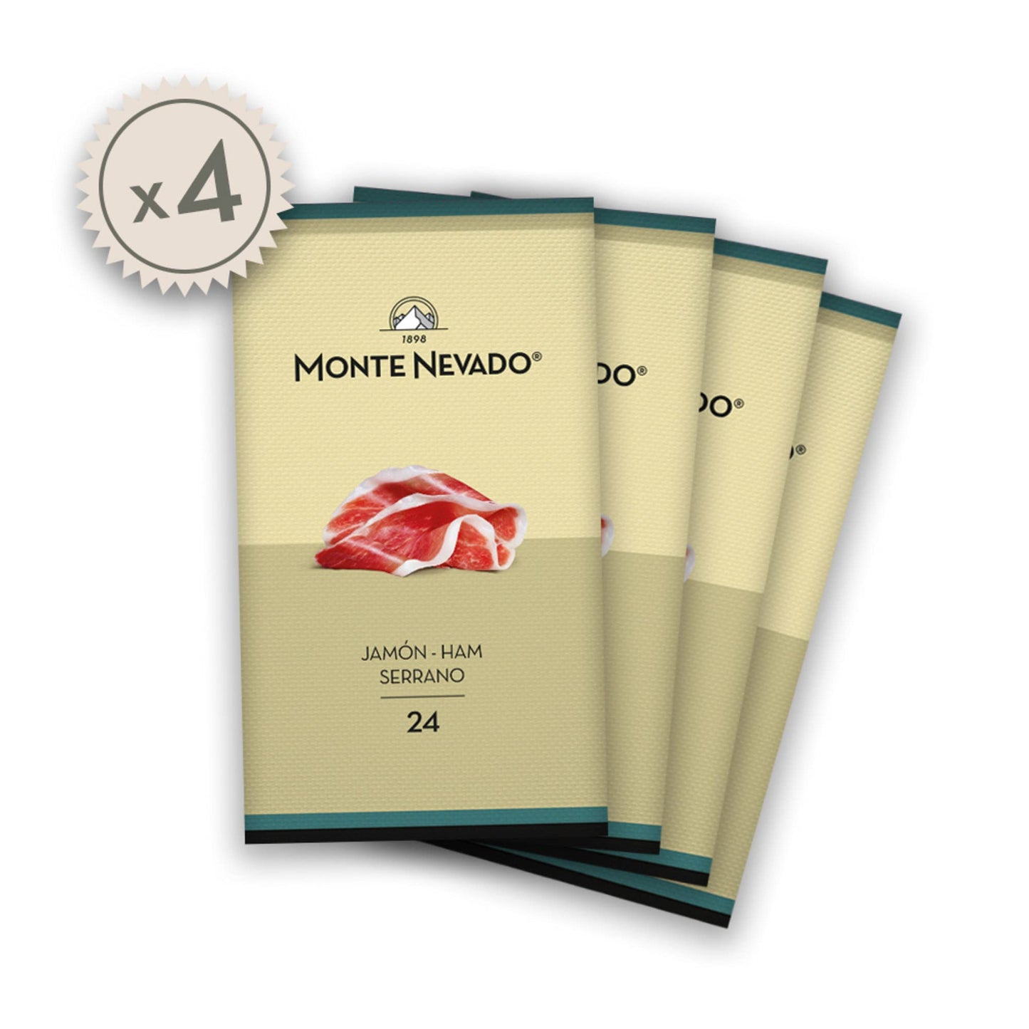 Monte Nevado Serrano Ham Sliced - 3 oz Each, Pack of 4 Units - 24 Months Avg Curing Time - Authentic Jamon Serrano - Great Gift